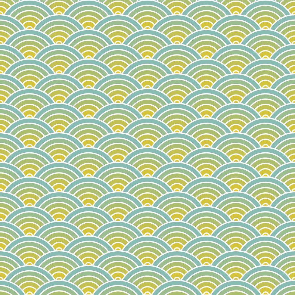 Fish scale seamless pattern background. Overlapping repeating circles make waves background. Abstract design element. Blue and yellow vector illustration.