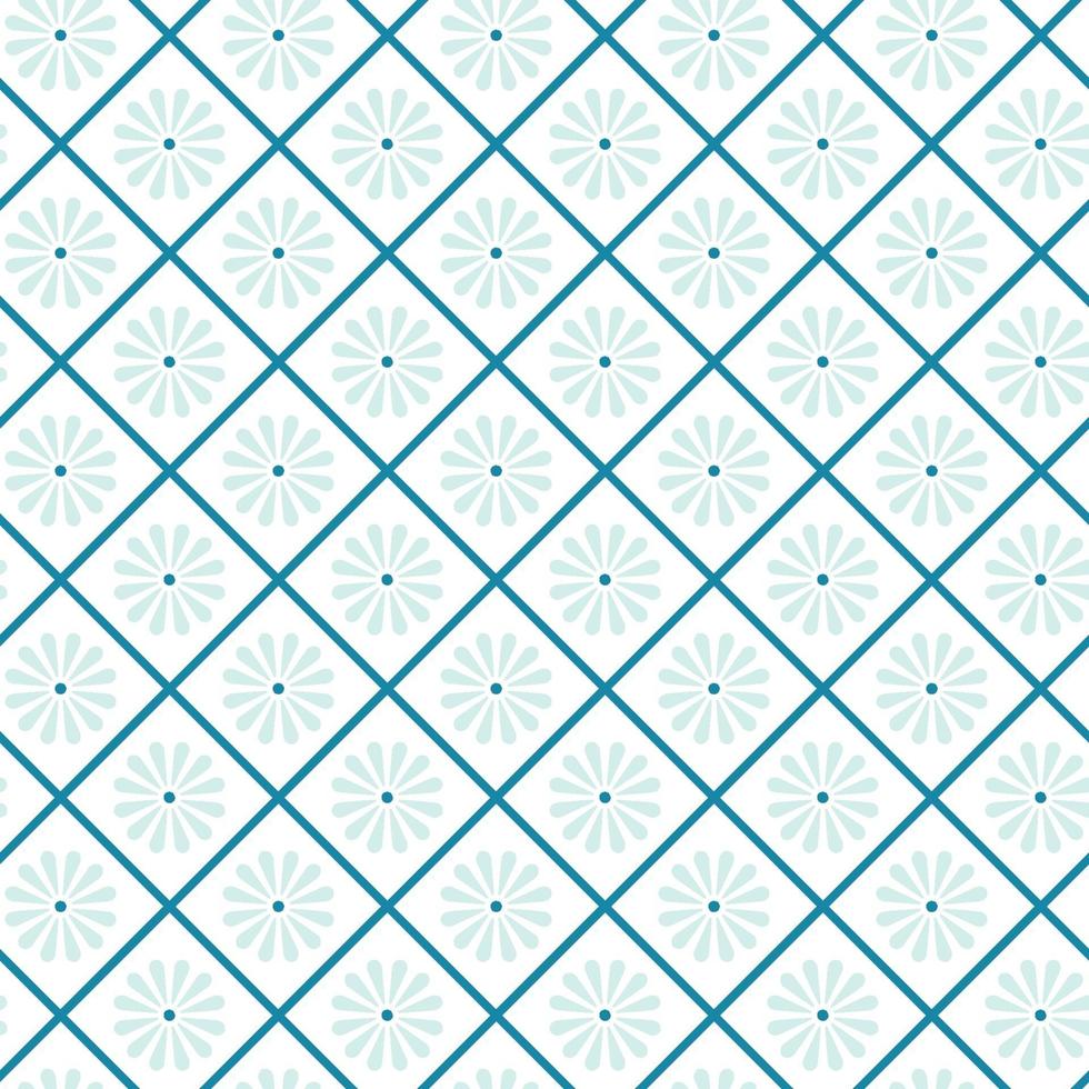 Japanese seamless pattern with flowers and squares.  Vector geometric blue background. Flower texture.Print block for fabric, apparel textile, wrapping paper. Minimal oriental vector graphic.