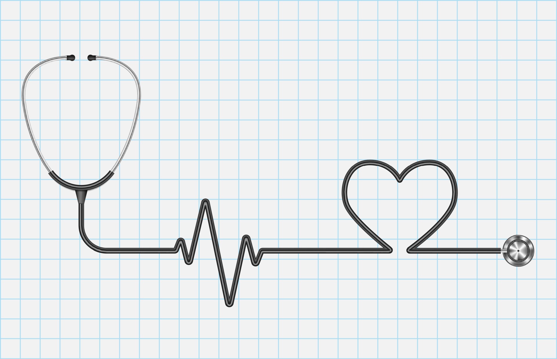 Realistic stethoscope and heart isolated on graph paper background