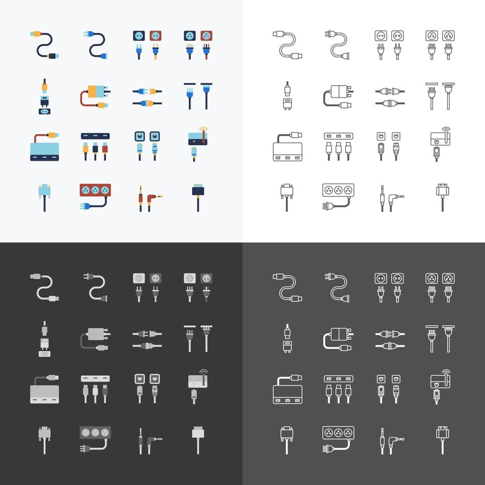 vector linear web icons set - cable wire computer and electricity plug collection of flat colour design elements.