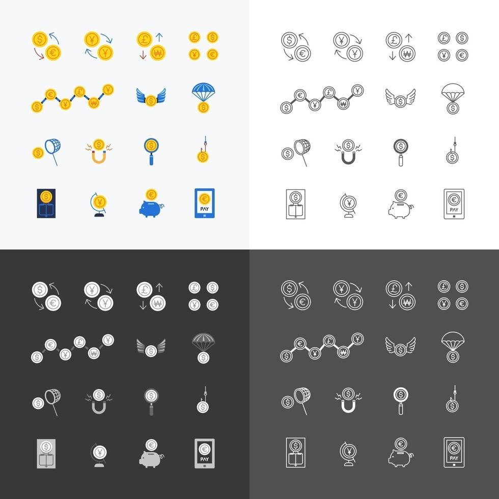 Conjunto de iconos de web lineal vectorial - concepto de moneda de moneda de dinero de negocios colección de elementos de diseño de línea plana. vector