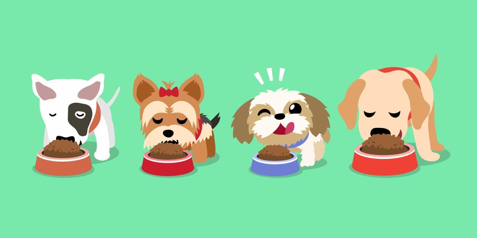 Vector cartoon cute happy dogs with food bowls