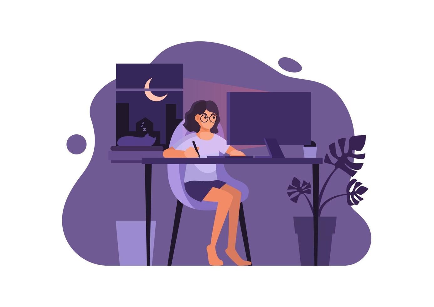 Woman in casual dress working on computer at night in her residence, vector illustration