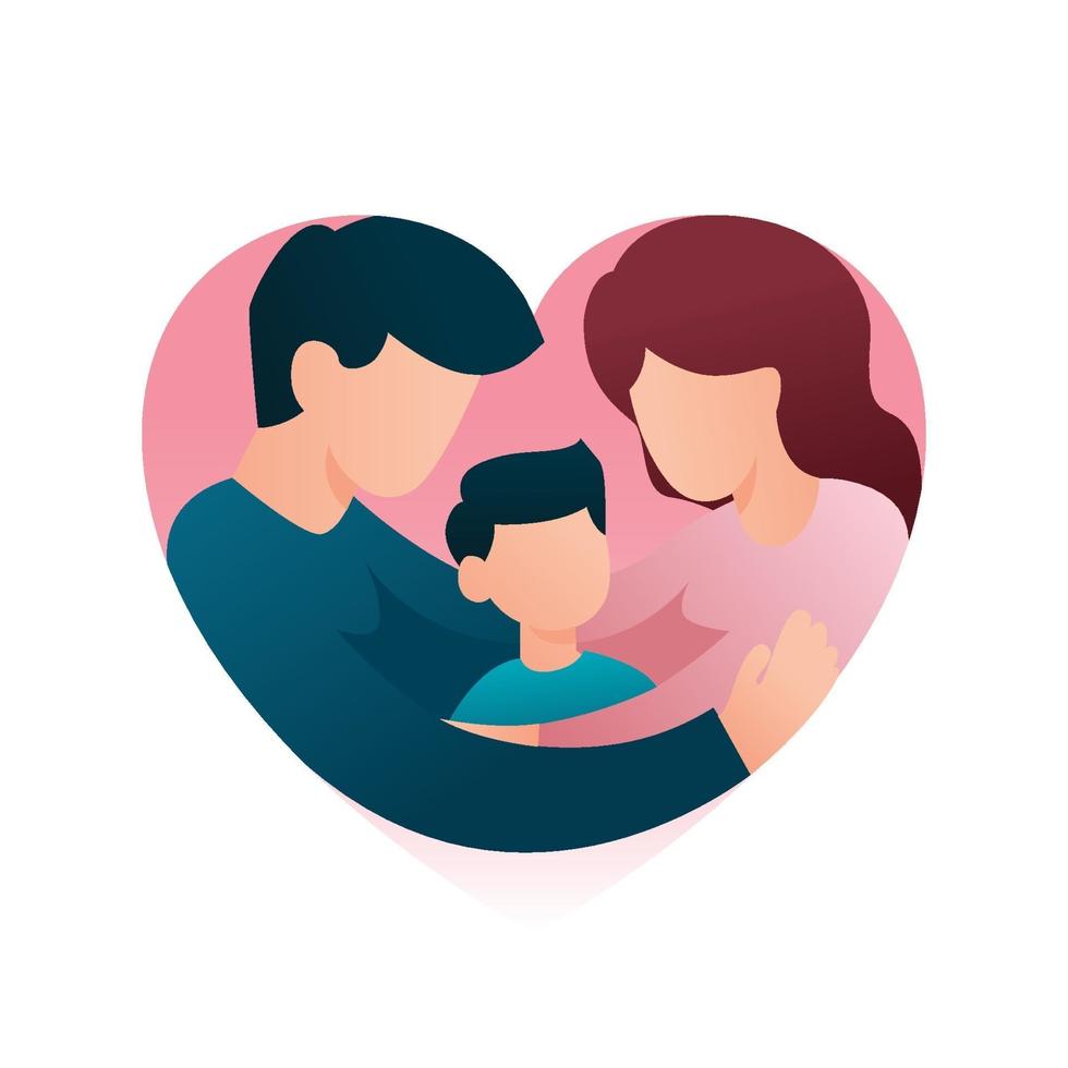 padres abrazan a su hijo, familia abrazándose juntos en forma de corazón, concepto de día de la familia, ilustración vectorial vector