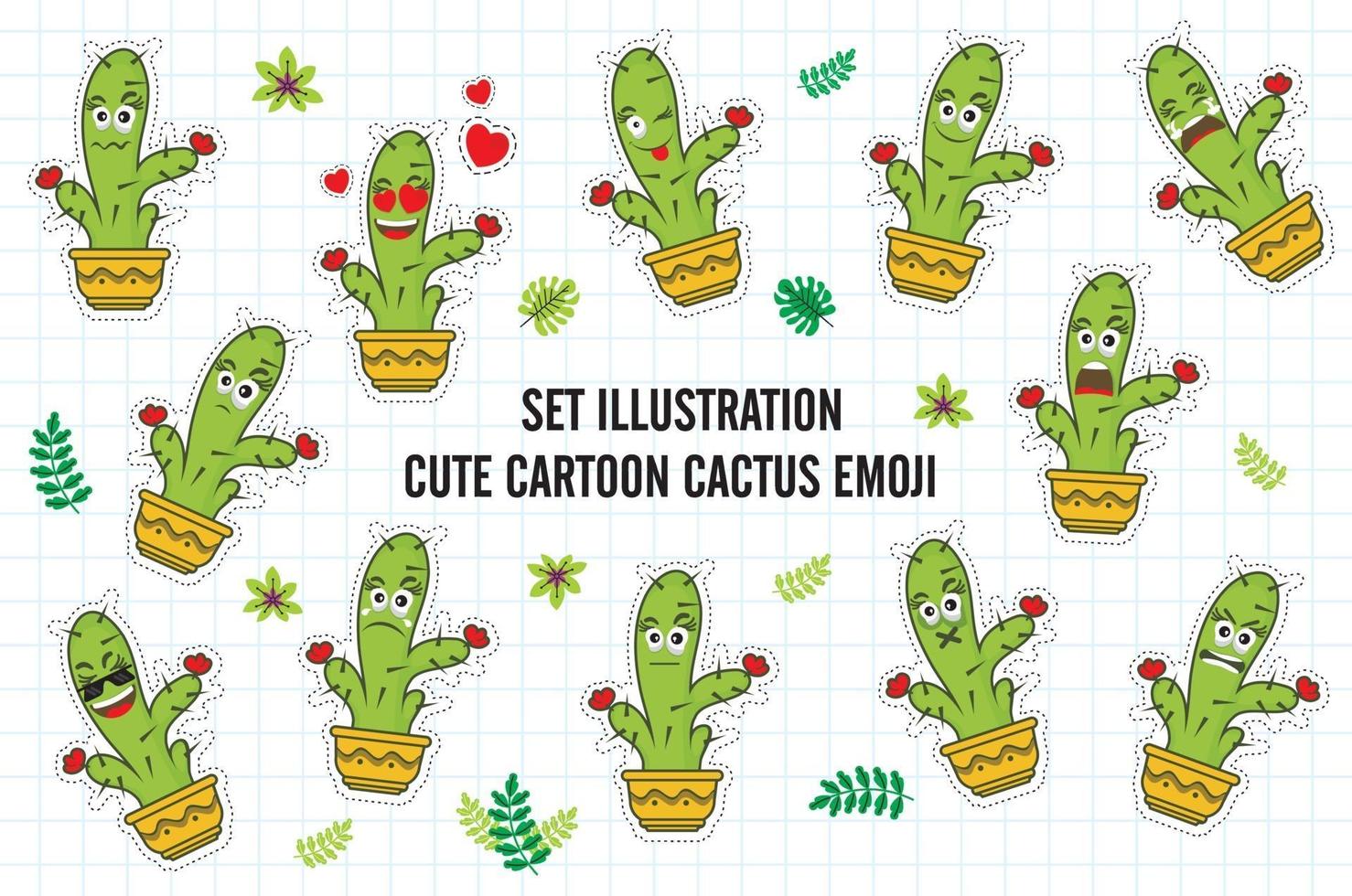 Set Illustration Cute Cartoon Cactus Emoji vector