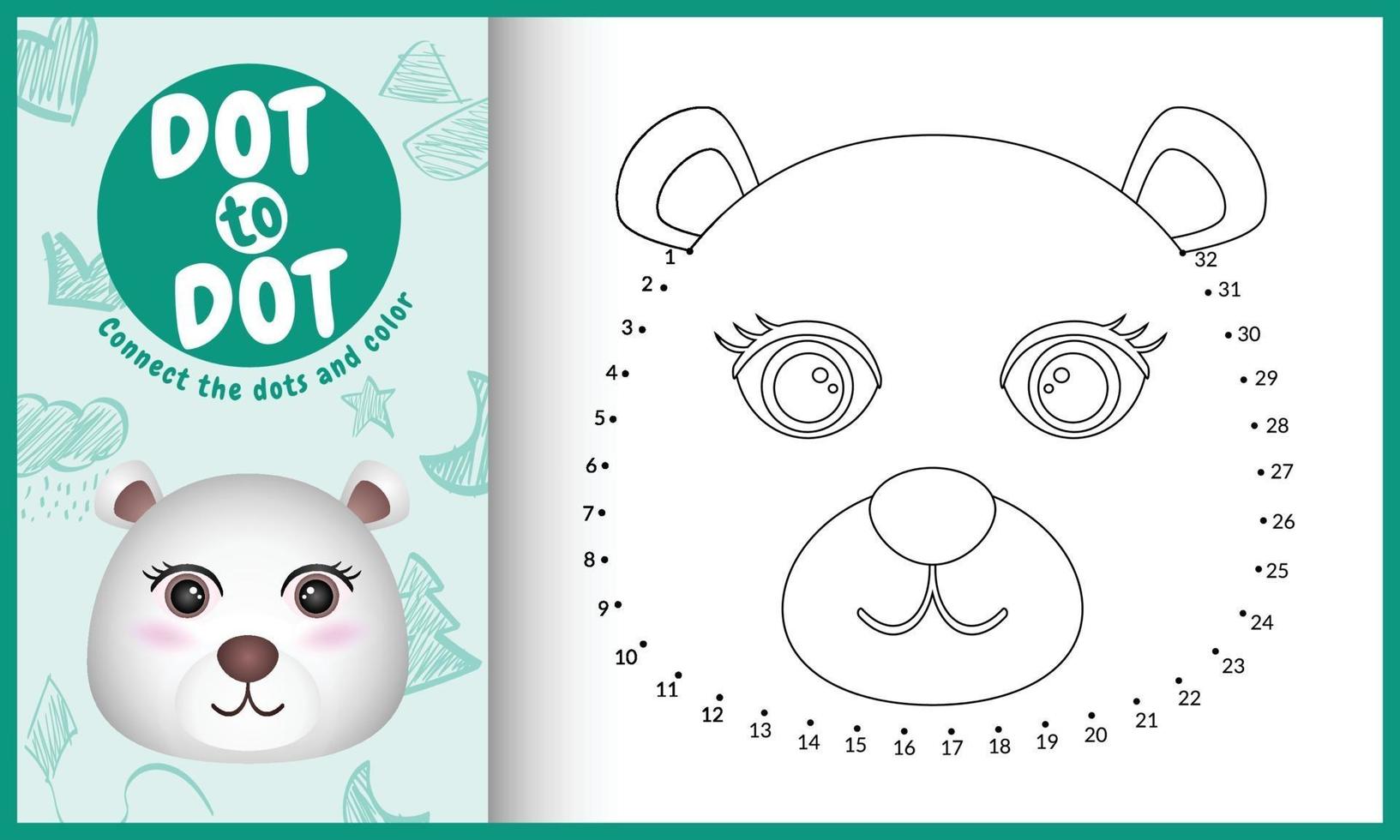 conecta el juego de niños de puntos y la página para colorear con una cara linda ilustración de personaje de oso polar vector
