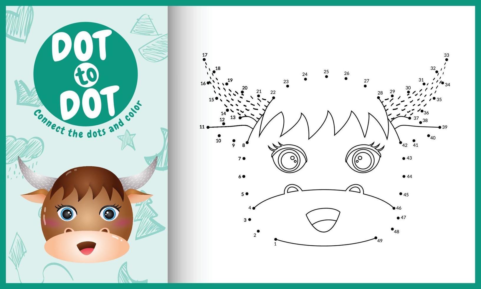 Connect the dots kids game and coloring page with a cute face buffalo character illustration vector