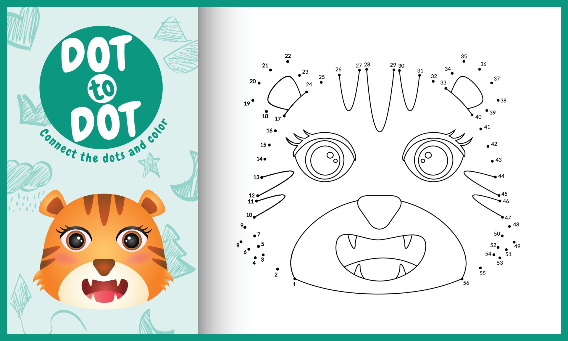 Connect the dots kids game and coloring page with a cute face tiger