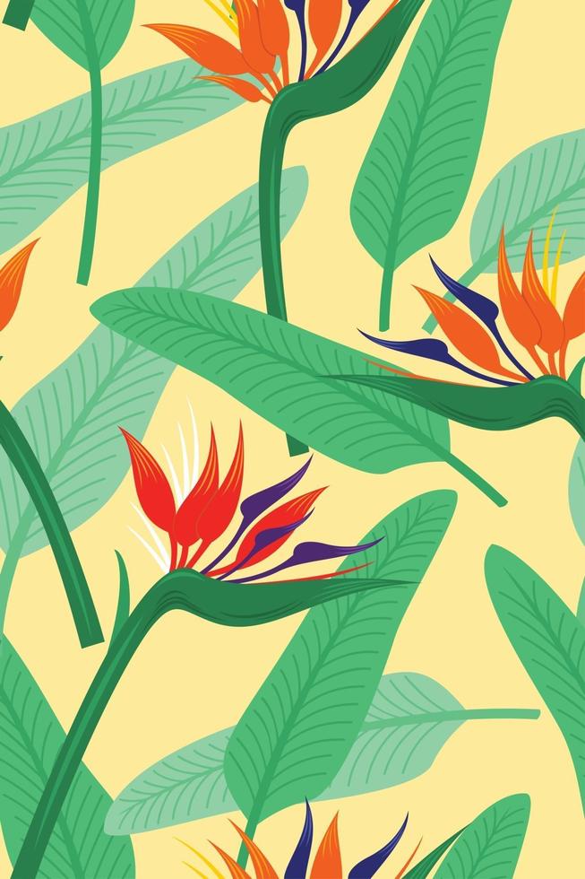 Seamless Pattern Wallpaper of Bird of Paradise Flowers and Leaves for Tropical Plant Background. vector