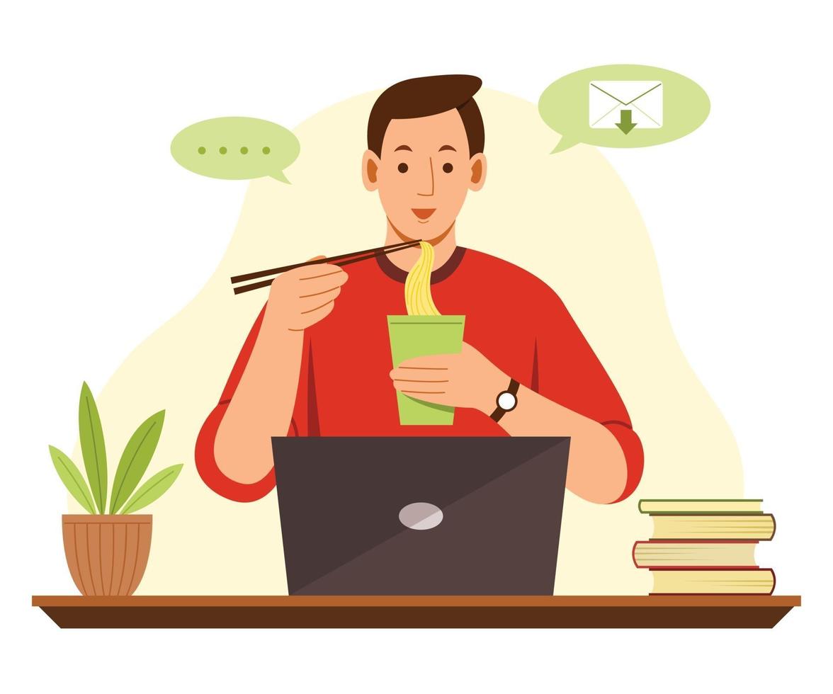 Freelance Man is Online Working from Home with Laptop and Eating Noodles. vector