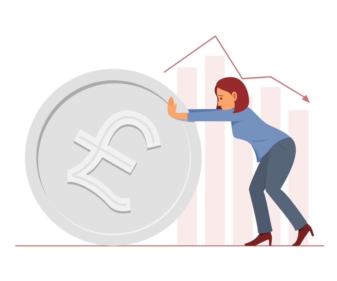 Worker Woman Pushes a Big Coin of British Pound Sterling Currency and Bar Charts on Background. vector