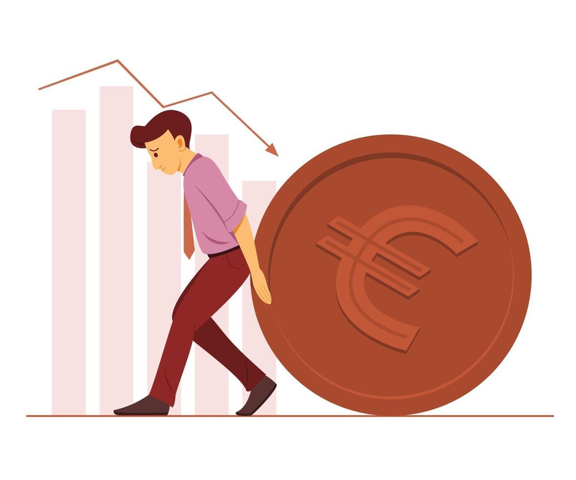 hombre trabajador empuja una gran moneda de euro y gráficos de barras en el fondo. vector