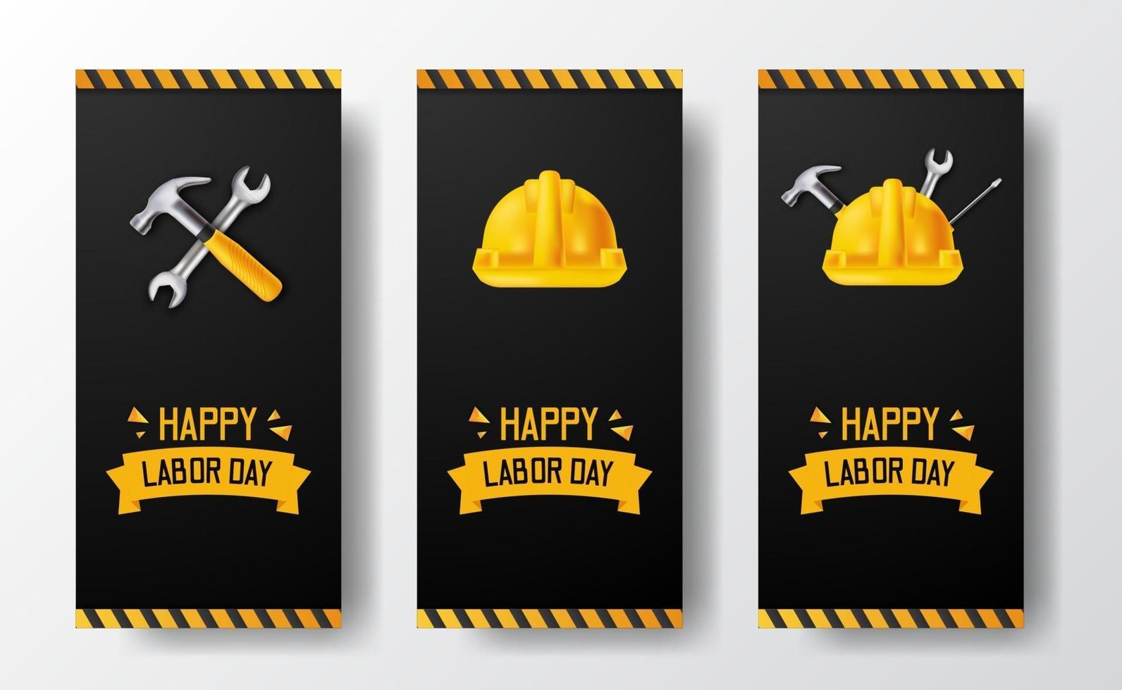 Social media stories banner for labor day with 3d safety helmet worker, hammer, wrench, with yellow line and black background vector