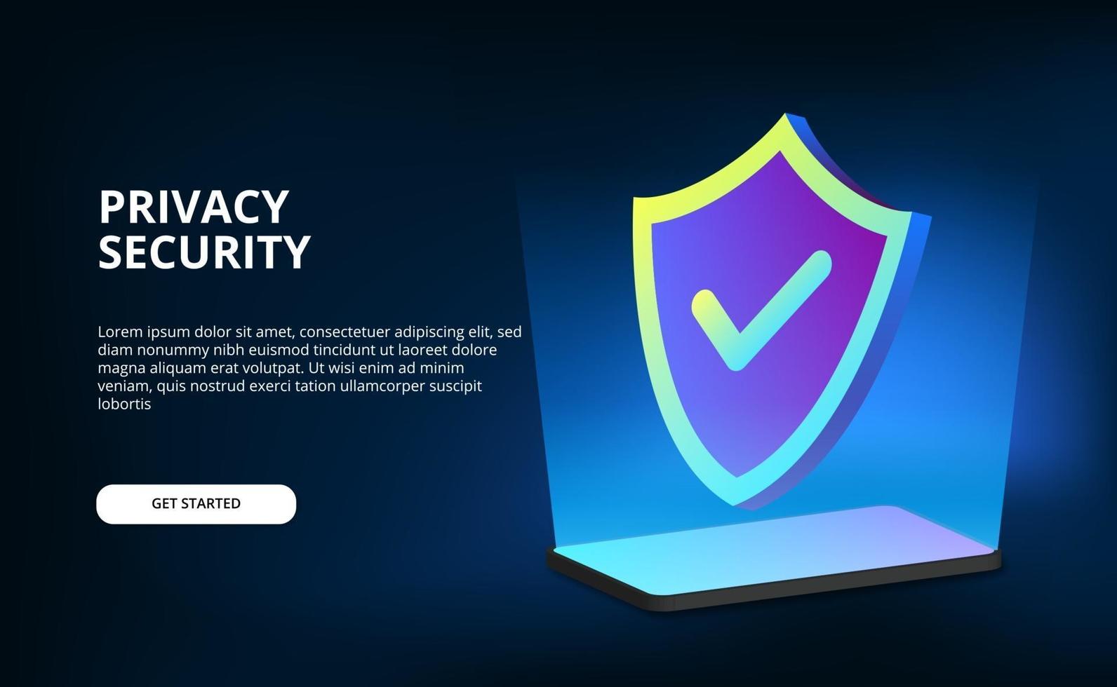 Protección de privacidad de seguridad de escudo 3d para teléfono, computadora, tecnología de internet, cibernético con fondo oscuro vector