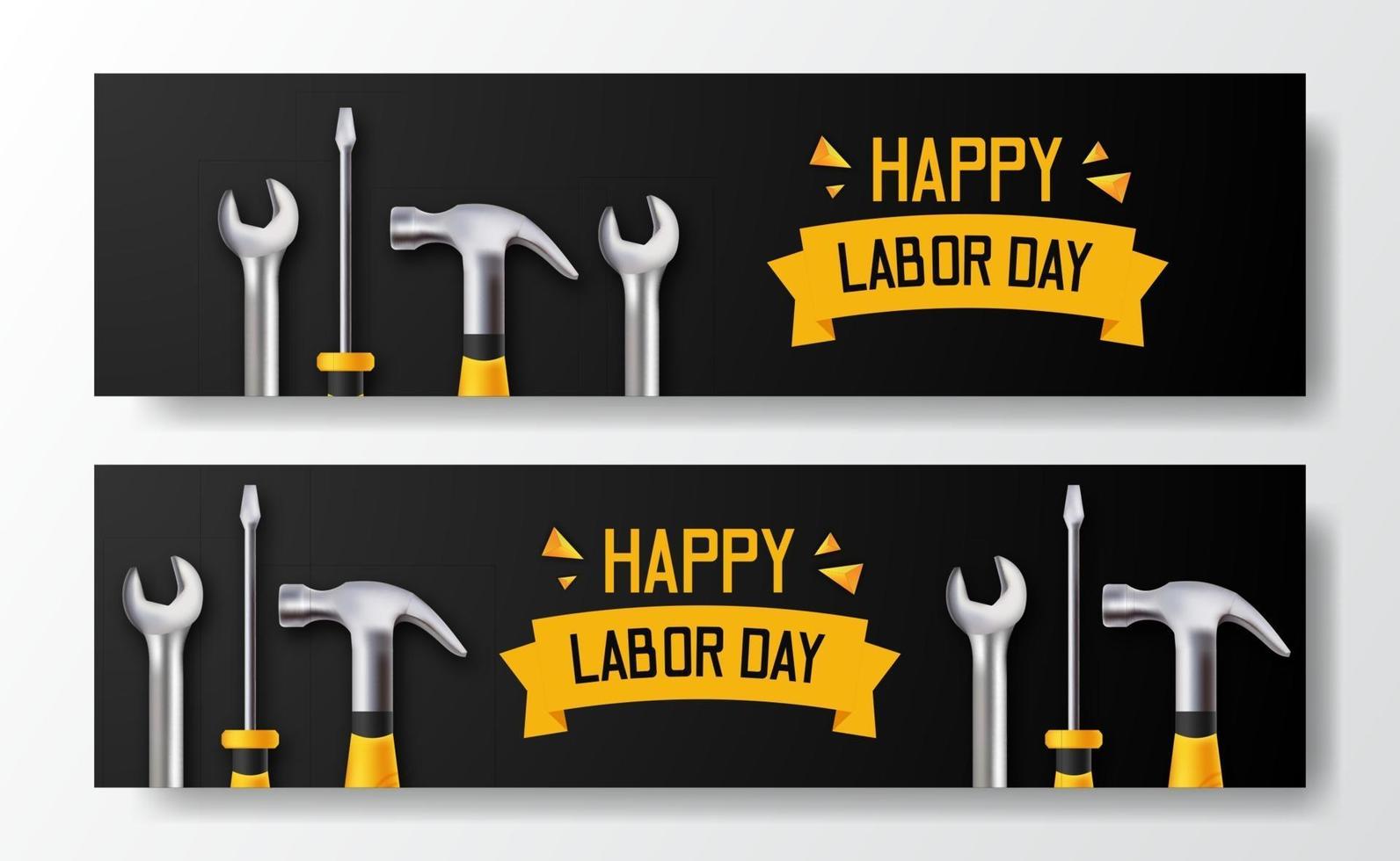 Feliz Día del Trabajo. día internacional del trabajador. Ingeniero empleado con destornillador 3d, martillo, llave inglesa, con fondo negro. plantilla de volante de banner vector