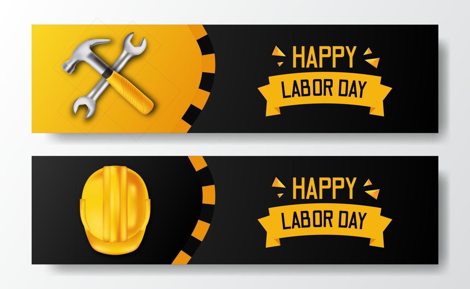 Feliz Día del Trabajo. día internacional del trabajador. Ingeniero empleado con casco amarillo de seguridad 3d y martillo, llave, con fondo negro. plantilla de volante de banner vector