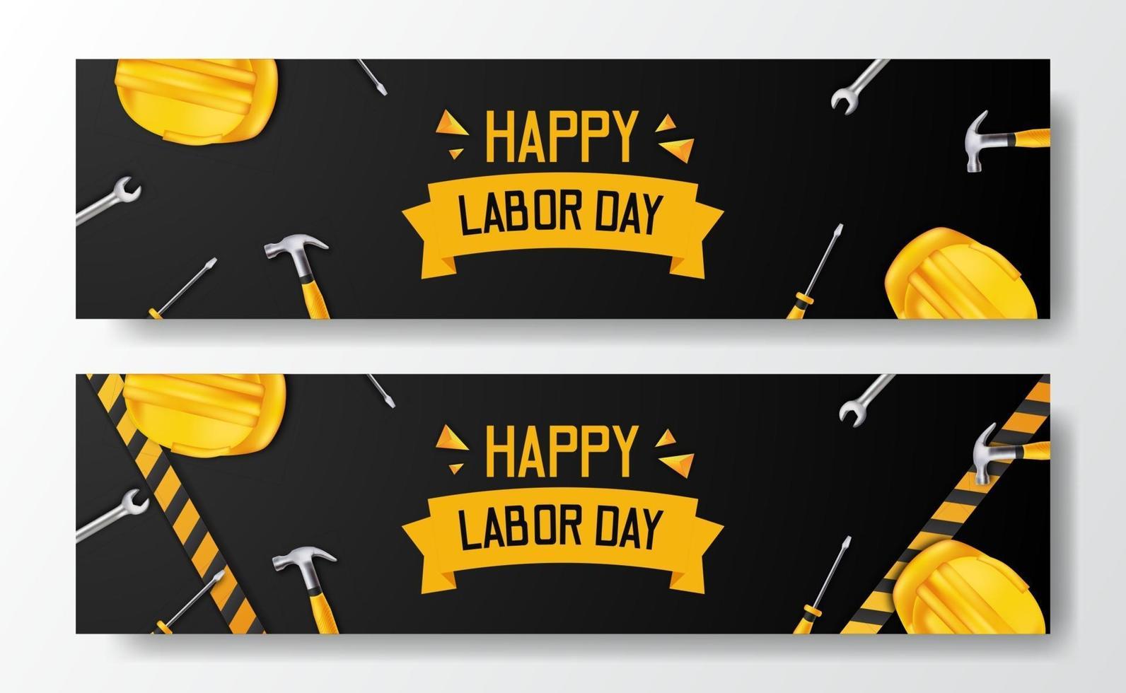 Happy labor day. international worker day. employee engineer with 3d safety yellow helmet and hammer, screwdriver, wrench and yellow line, with Black background. banner flyer template vector