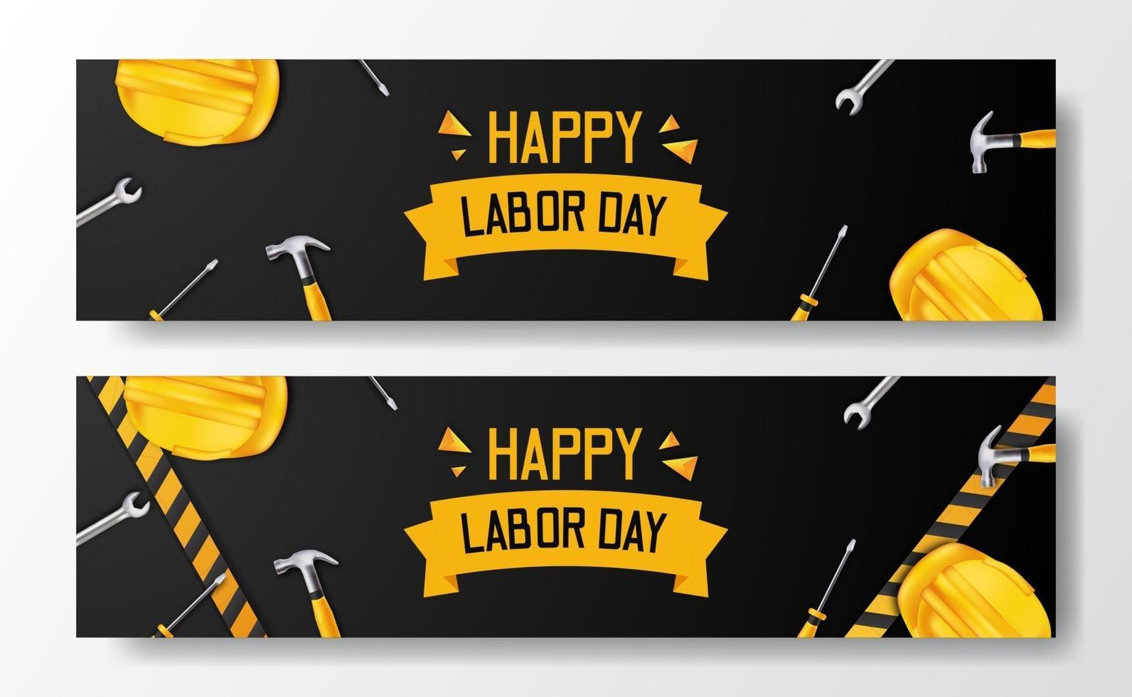 Feliz Día del Trabajo. día internacional del trabajador. Ingeniero empleado con casco amarillo de seguridad 3d y martillo, destornillador, llave inglesa y línea amarilla, con fondo negro. plantilla de volante de banner vector