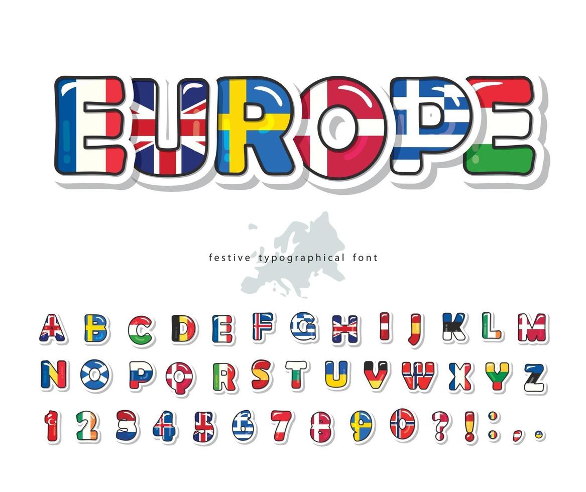 Fuente de dibujos animados de la bandera de los países europeos. alfabeto creativo para el diseño conceptual. ilustración vectorial vector