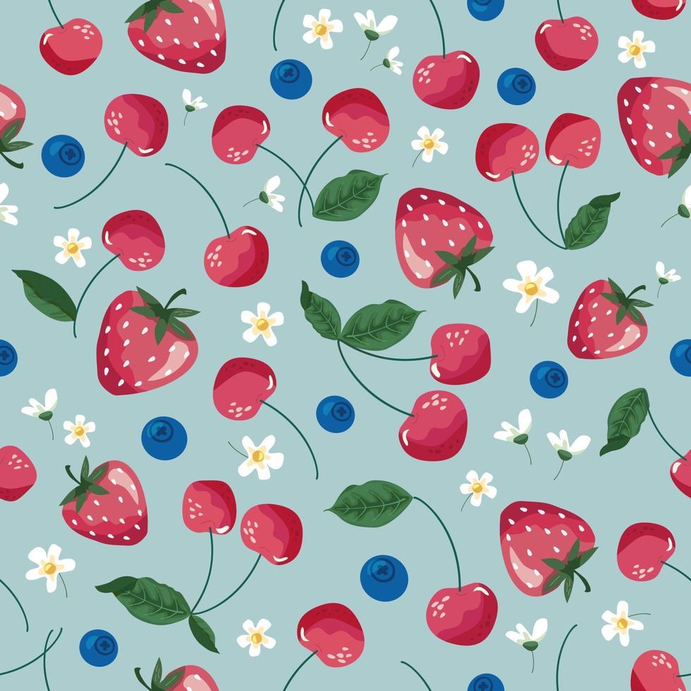 Fruits seamless pattern. Strawberry, cherry, and blossom. Romantic vintage background. Vector