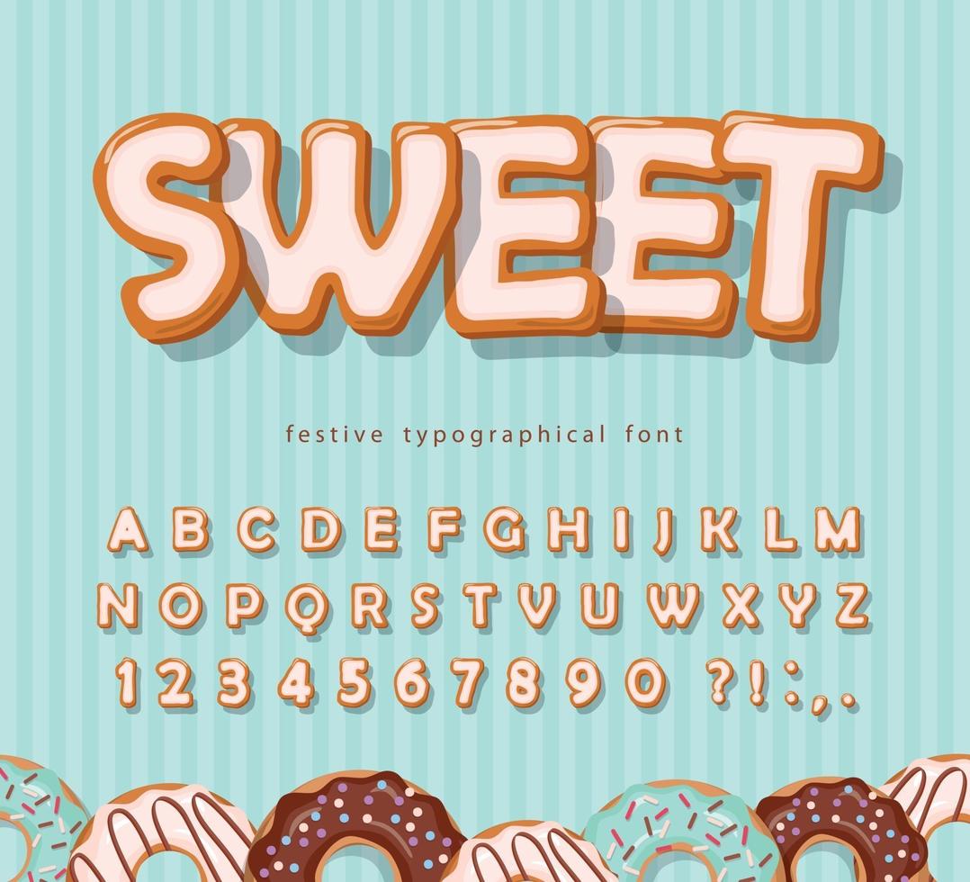 Sweet cookie font. Cartoon hand drawn alphabet. Glazed colorful letters and numbers. Vector