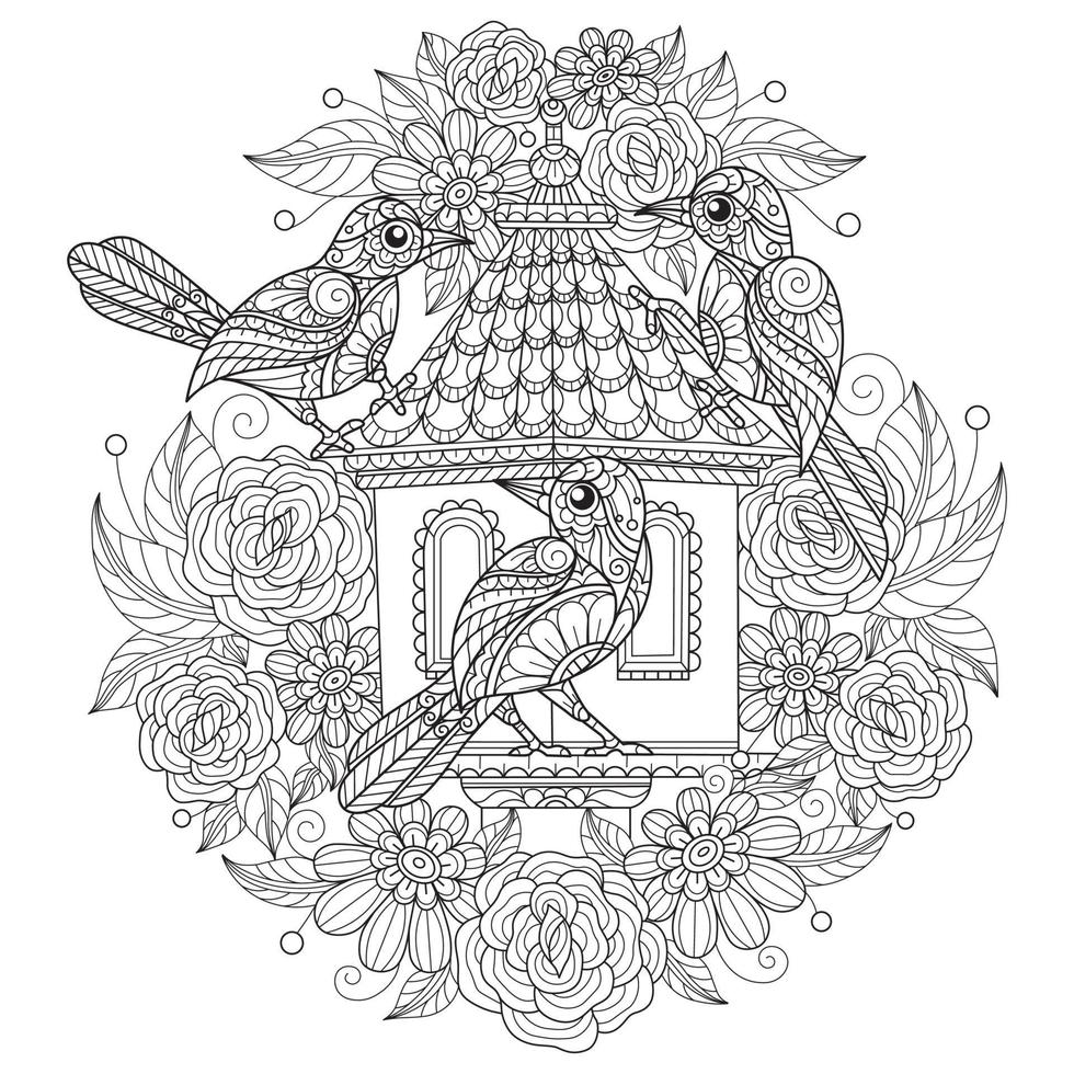 Birds house on white background. Hand drawn sketch for adult colouring book vector