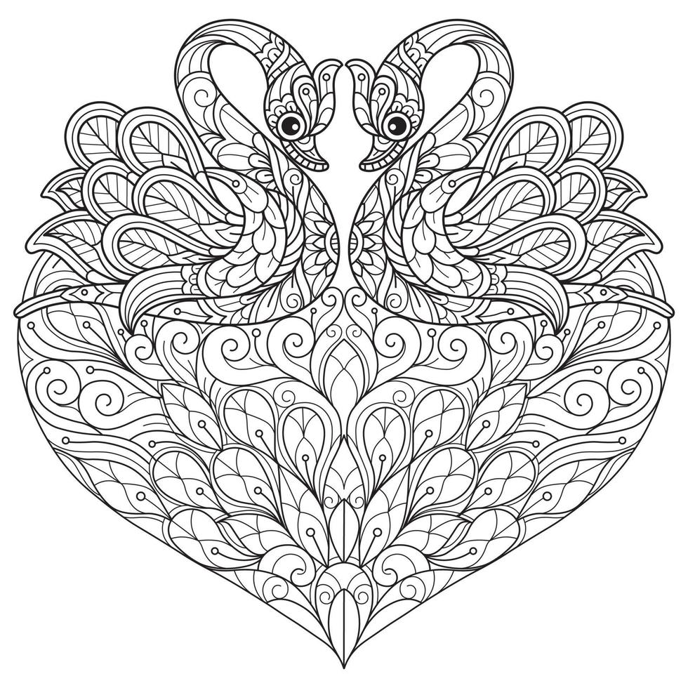 Swans on white background. Hand drawn sketch for adult colouring book vector