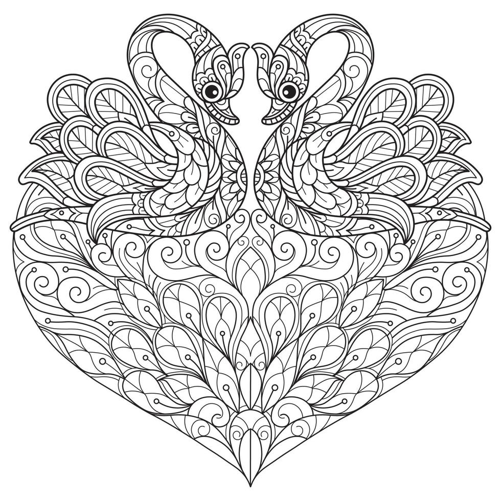 Swans on white background. Hand drawn sketch for adult colouring book vector