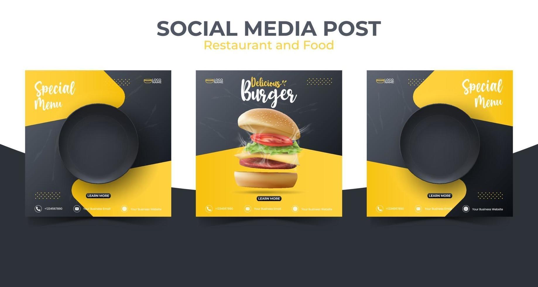 comida o plantilla de marketing de redes sociales culinarias. Publicación cuadrada editable en redes sociales para promoción. vector de ilustración con hamburguesa realista y plato negro.
