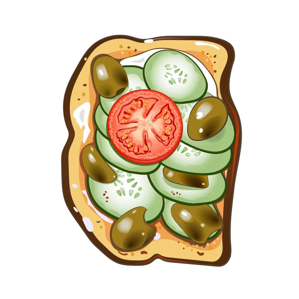 toast with olives, cucumbers, tomato, pepper and sour cream vector