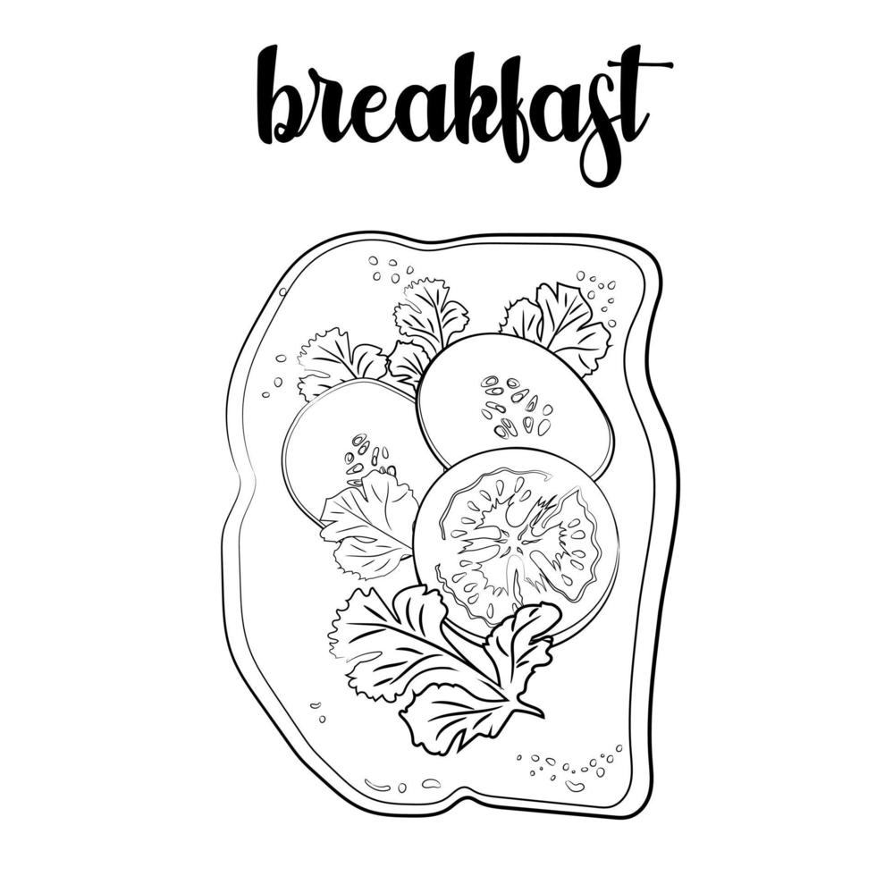 outline of the toast with tomatoes, parsley and cucumbers vector