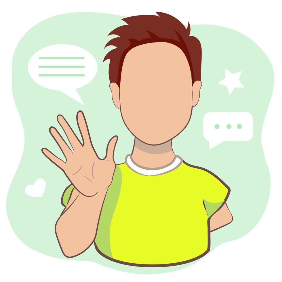 joven saludando con la mano saludando o diciendo adiós sobre fondo verde claro. personaje masculino de dibujos animados con gesto de bienvenida en la ilustración vectorial. vector