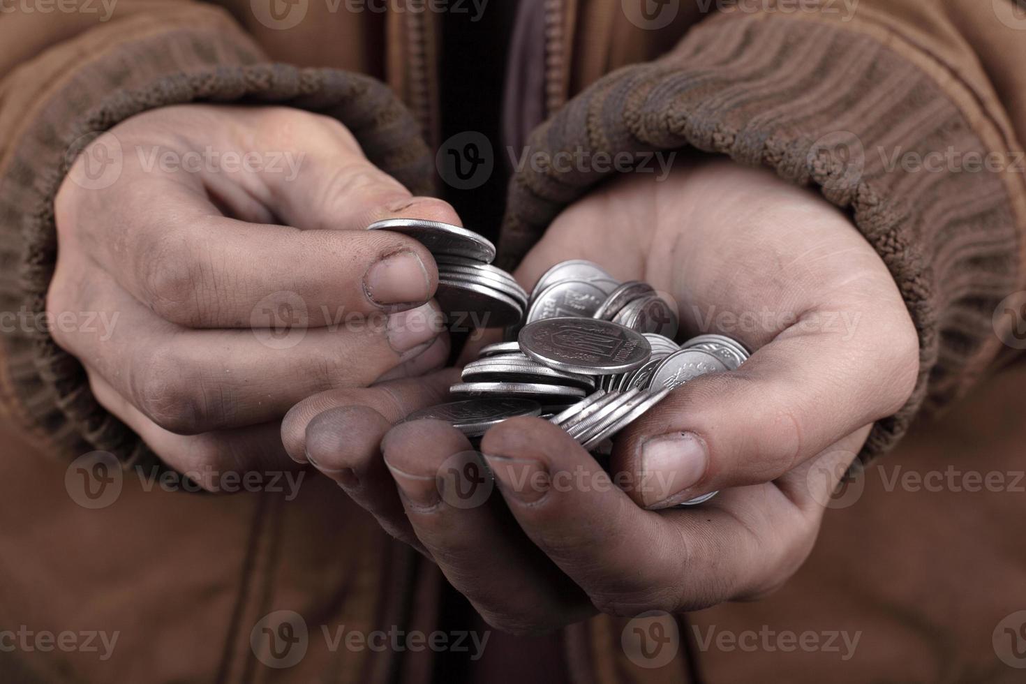 Beggar concept, outstretched hands of a homeless person asking for help photo