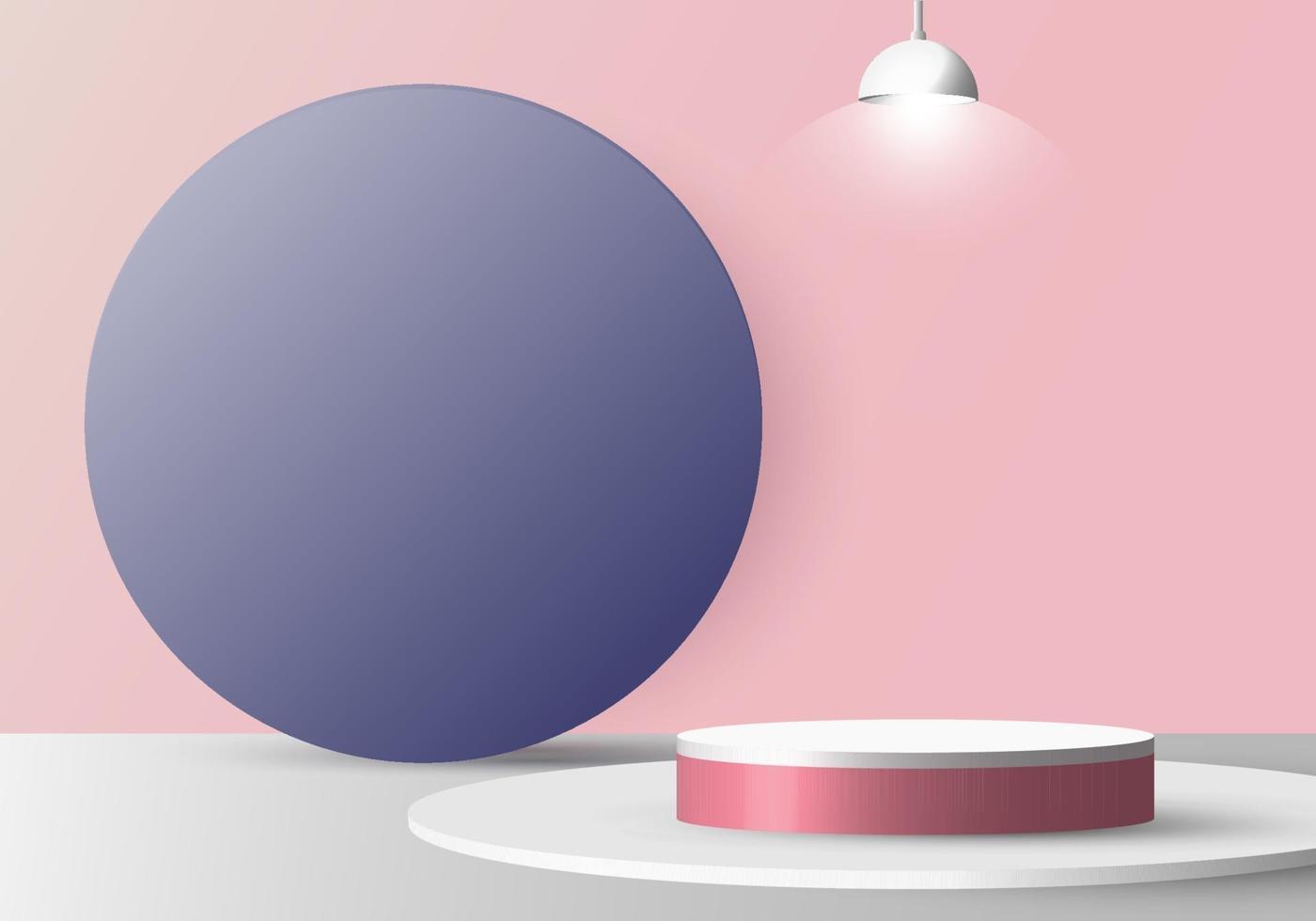 3D realistic empty white round pedestal mockup with lamp on soft pink background and blue circle backdrop vector