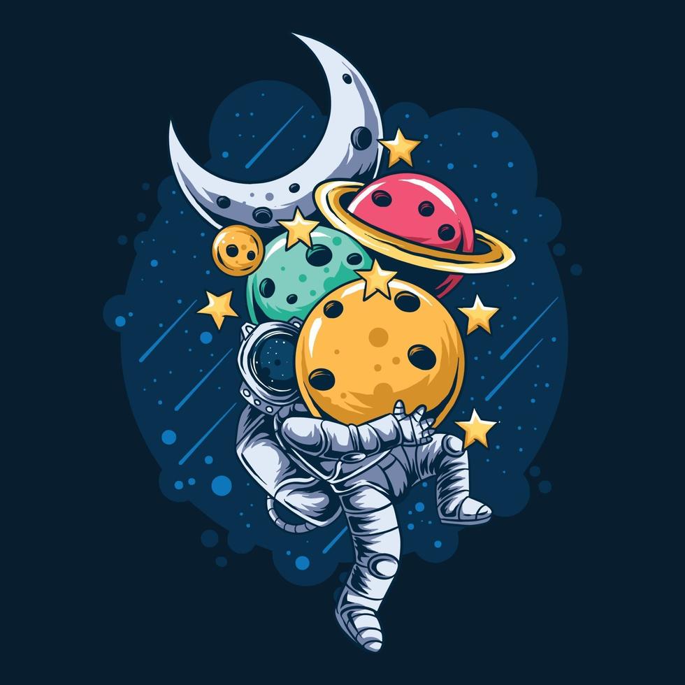 astronauta llevando planetas. vector