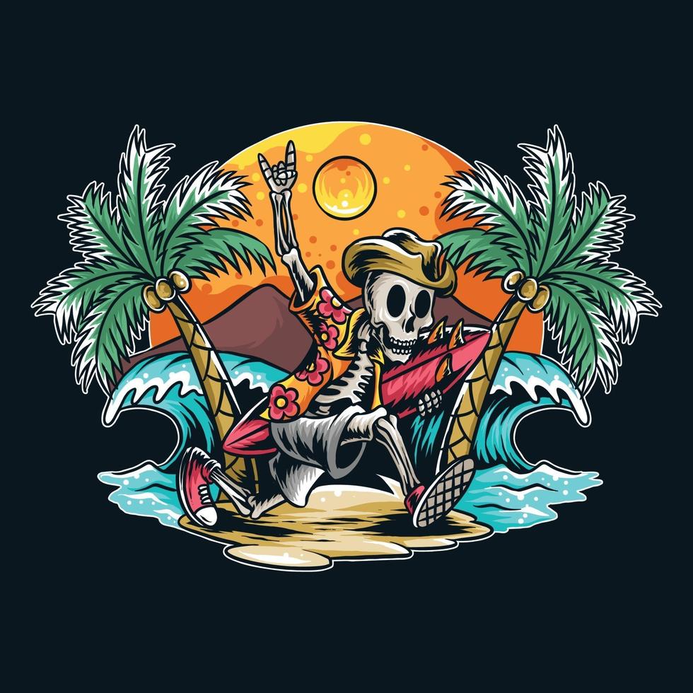 a skull running with a surfboard on the beach vector