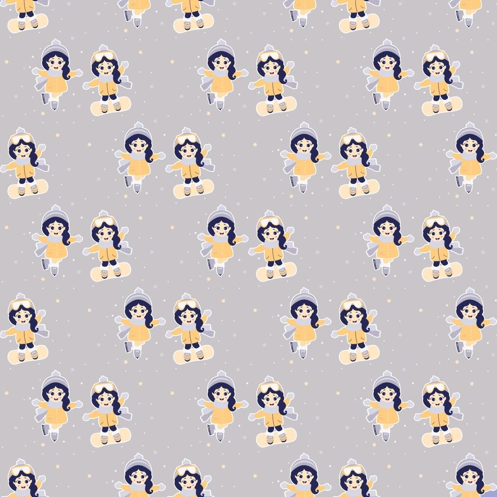 girls ice skating and snowboarding seamless pattern vector