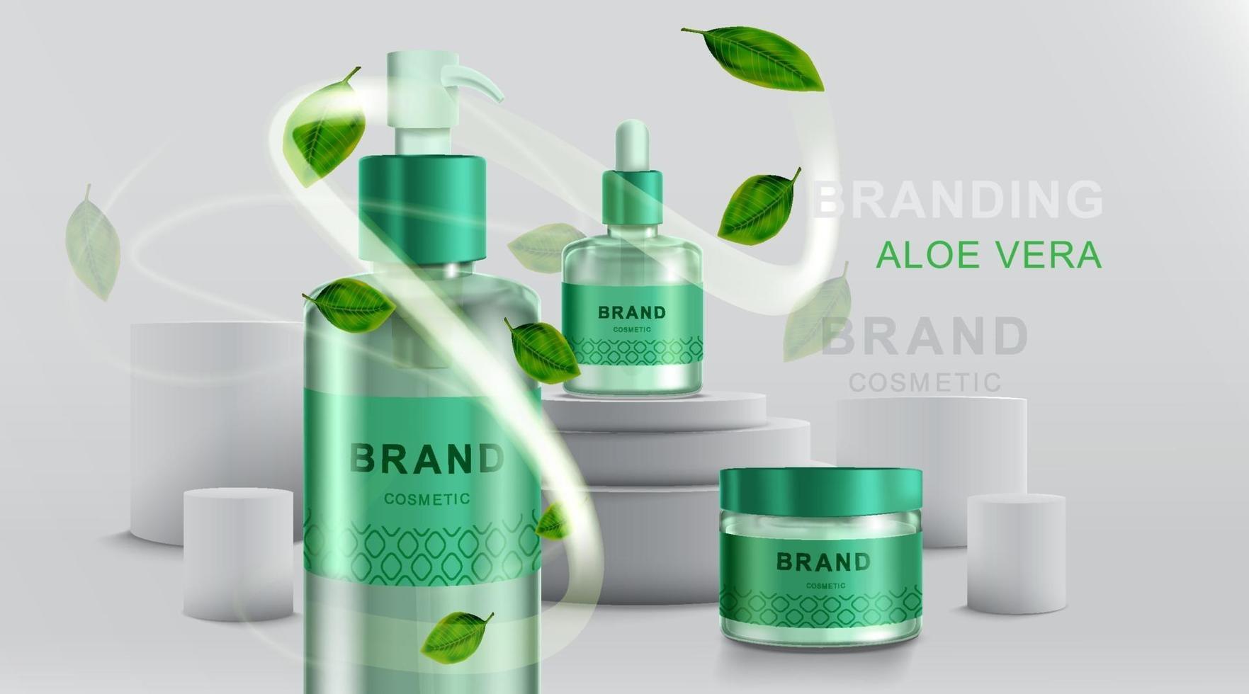 Cosmetics or skincare product. Bottle mockup and Aloe vera with geometric background. vector illustration.