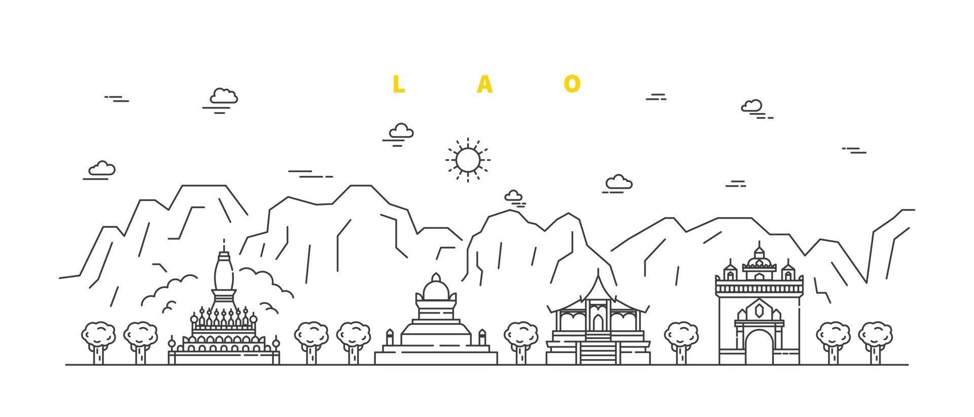 Lao city. Modern flat line landscape vector. City line art illustration with building and temple. Vector illustration.