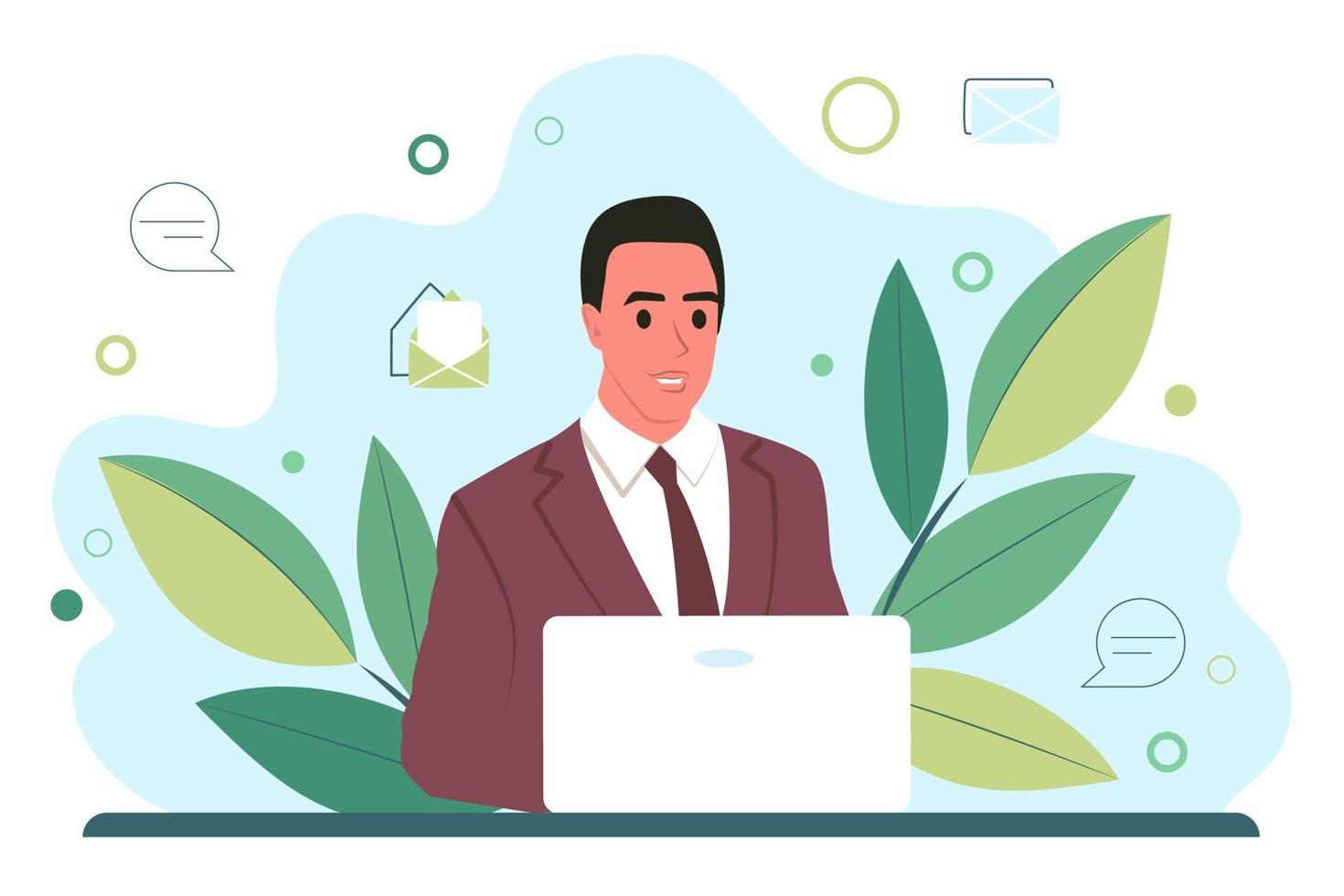 Young man works behind a laptop monitor. Businessman or account manager. Flat vector illustration