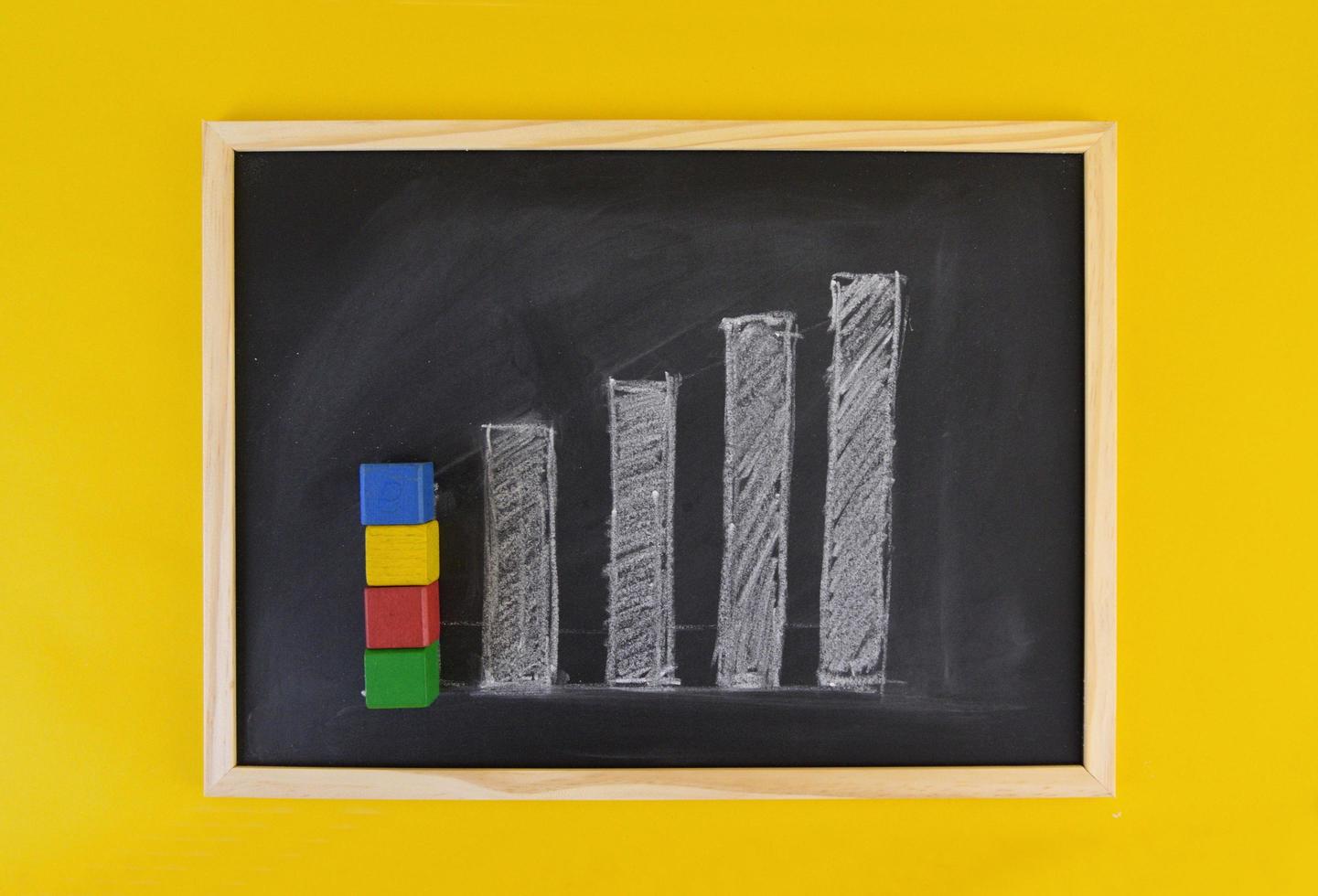 gráfico de crecimiento de progreso dibujado a mano en pizarra negra entre fondo amarillo vivo. marco de imagen de concepto de negocio. foto