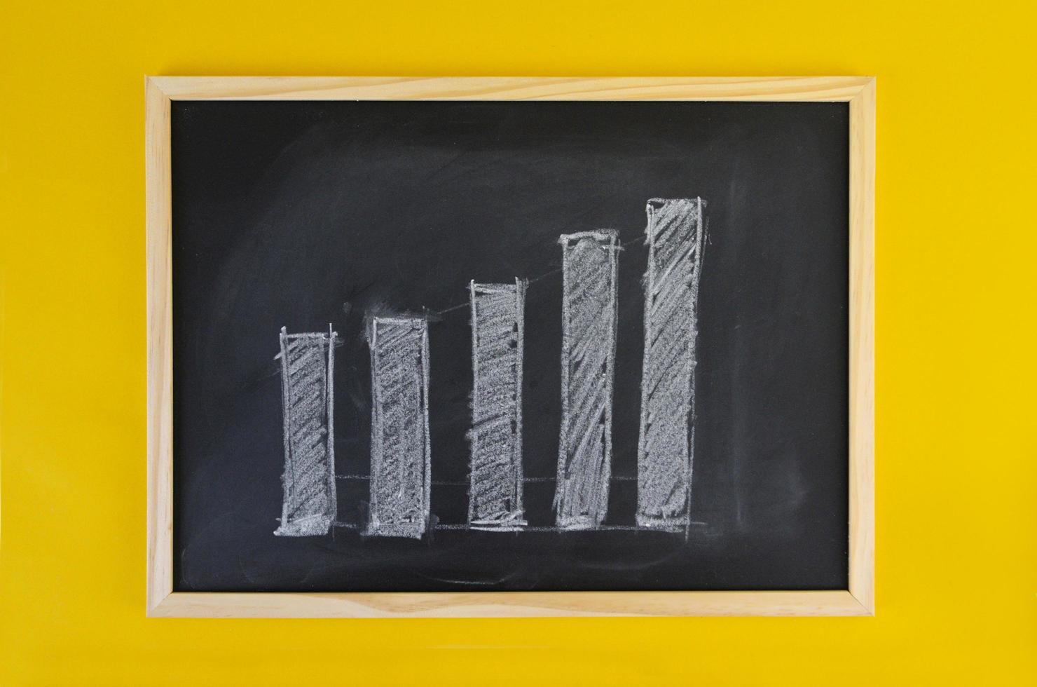 Hand-drawn progress growing chart on black chalkboard among yellow vivid background. Flat view on business concept picture frame chalkboard. photo