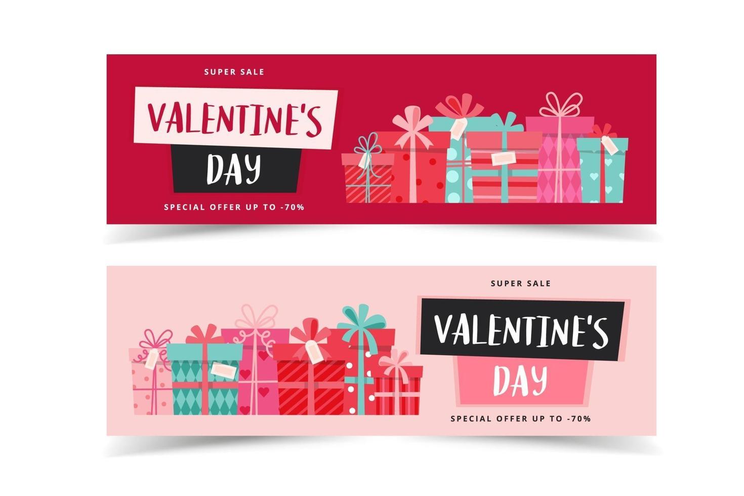 Valentine's Day banners with gifts and lettering. Vector illustration in flat style