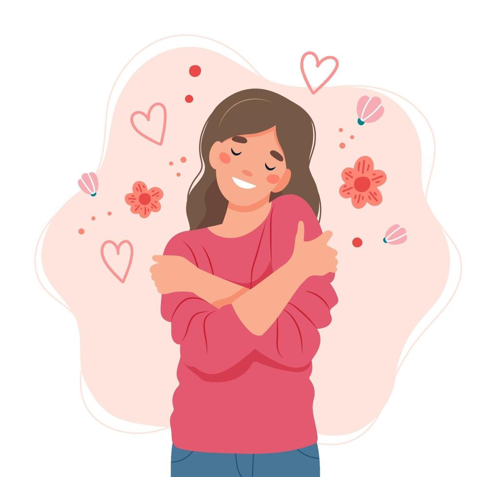 ámate a ti mismo concepto, mujer abrazándose a sí misma, ilustración vectorial en estilo plano vector