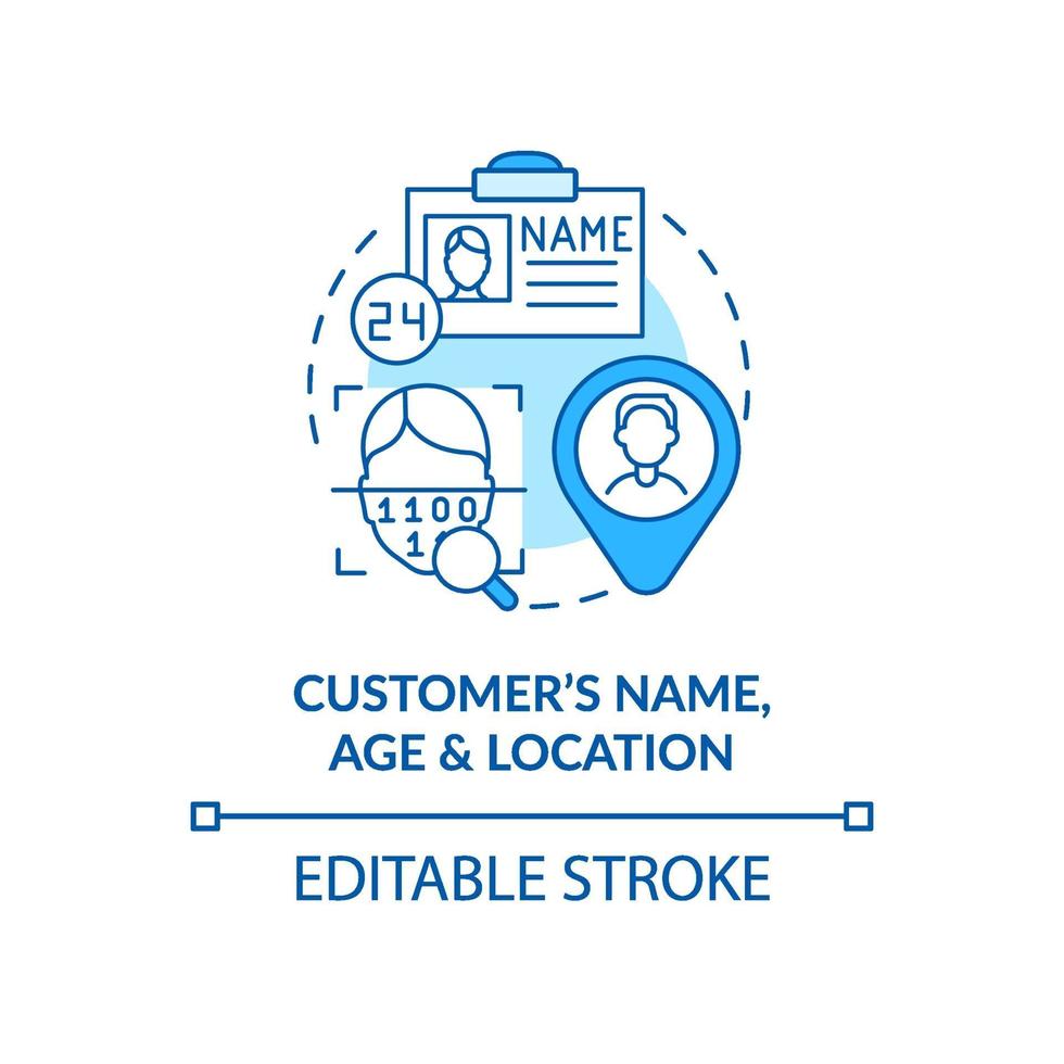 Customer age, name and location blue concept icon vector
