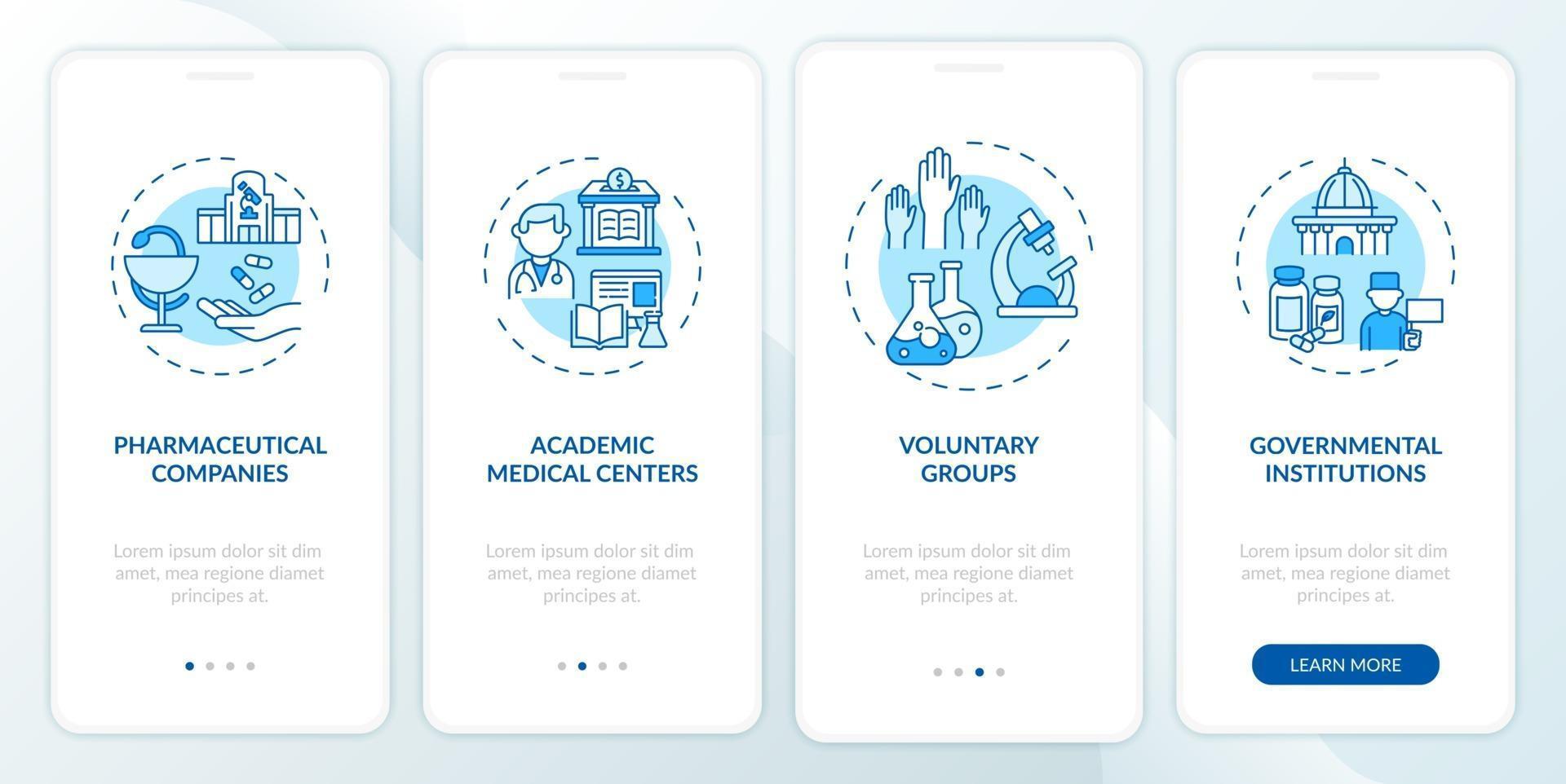 Clinical trials support onboarding mobile app page screen with concepts vector