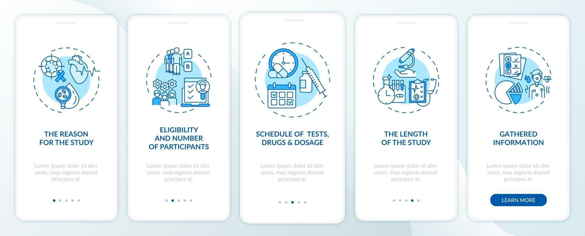 Clinical trial protocol parts onboarding mobile app page screen with concepts vector