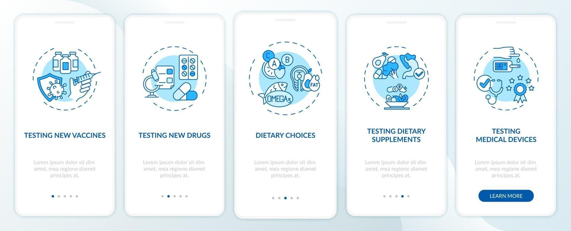Clinical study types onboarding mobile app page screen with concepts vector