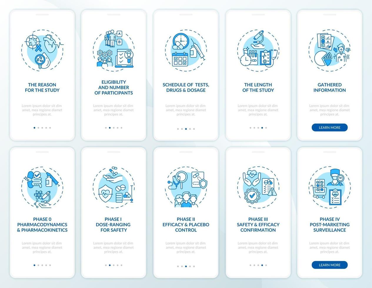 Research studies onboarding mobile app page screen with concepts set vector