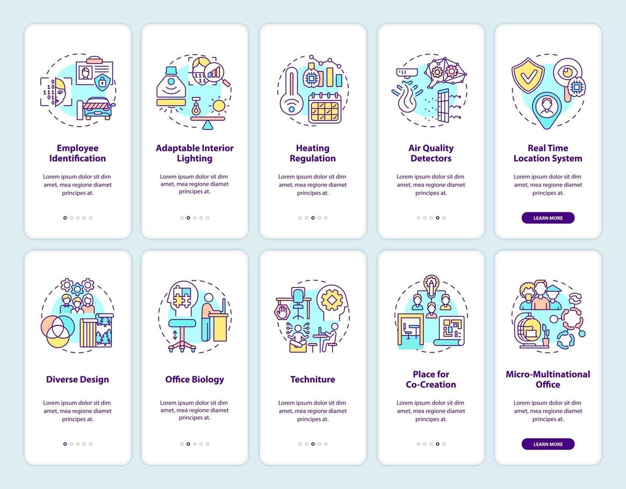 Smart office creation onboarding mobile app page screen with concepts set vector